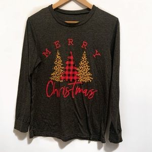 Merry Christmas with gold and red trees grey long sleeve top -Small
